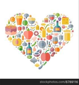 Icons for food and drink arranged in heart shape. Vector illustration.