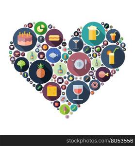 Icons for food and drink arranged in heart shape. Vector illustration.