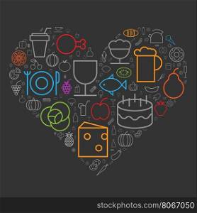 Icons for food and drinks arranged in heart shape. Vector illustration.
