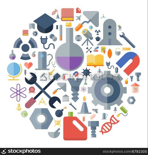 Icons for industrial and science arranged in circle. Vector illustration.