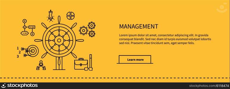 Icons for management, business tools in flat design. Poster banner on yellow. Management and marketing, lead and manage, effective management, leadership business, management icon, business management