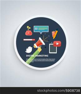 Icons for marketing. Digital marketing concept. Flat design stylish megaphone with application icons. Can be used for web banners, marketing and promotional materials, presentation templates