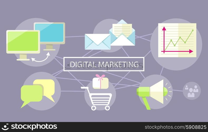 Icons for marketing item. Digital marketing concept. Flat design stylish megaphone with application icons. Can be used for web banners, marketing and promotional materials, presentation templates