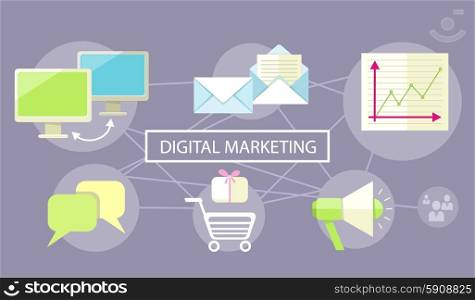 Icons for marketing item. Digital marketing concept. Flat design stylish megaphone with application icons. Can be used for web banners, marketing and promotional materials, presentation templates