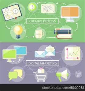 Icons for marketing item. Digital marketing concept. Flat design stylish megaphone with application icons. Creative process. Creative office item icons at desk. Creative Process and Digital Marketing