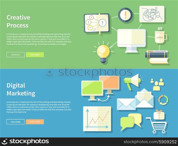 Icons for marketing item. Digital marketing concept. Flat design stylish megaphone with application icons. Creative process. Creative office item icons at desk on banners. Creative Process and Digital Marketing Concept
