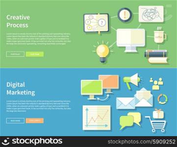 Icons for marketing item. Digital marketing concept. Flat design stylish megaphone with application icons. Creative process. Creative office item icons at desk on banners. Creative Process and Digital Marketing Concept