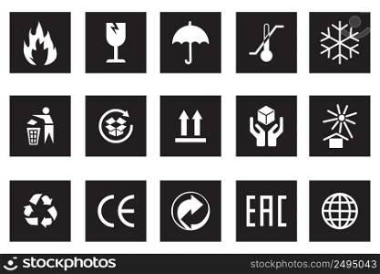 Icons for packaging set. Symbols for product packaging. Information icons for packaging. Vector illustration. stock image. EPS 10.. Icons for packaging set. Symbols for product packaging. Information icons for packaging. Vector illustration. stock image. 