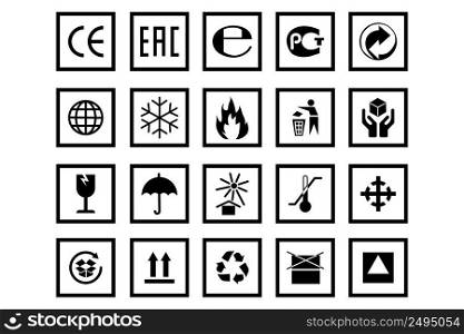 Icons for packaging set. Symbols for product packaging. Information icons for packaging. Vector illustration. stock image. EPS 10.. Icons for packaging set. Symbols for product packaging. Information icons for packaging. Vector illustration. stock image. 