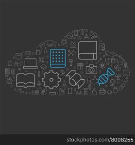 Icons for science, technology and industrial arranged in cloud shape. Vector illustration.