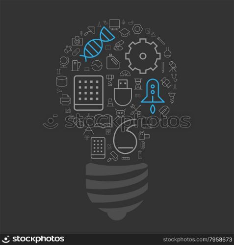 Icons for science, technology and industrial arranged in light bulb shape. Vector illustration.