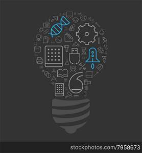 Icons for science, technology and industrial arranged in light bulb shape. Vector illustration.