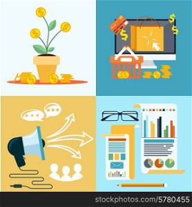 Icons for seo, social media, online shopping, business idea, business tools, money tree with coins flat design style