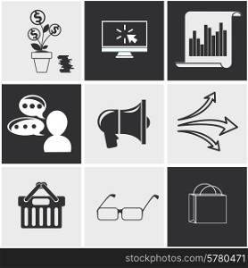 Icons for seo, social media, online shopping, business idea, business tools, money tree with coins in black and white color