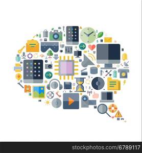 Icons for technology and electronic devices arranged in speech bubble shape. Vector illustration.