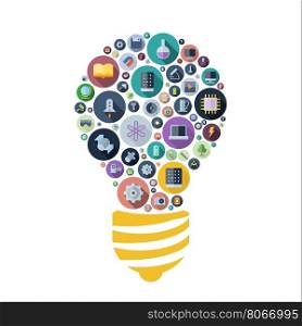 Icons for technology, industrial and science arranged in light bulb shape. Vector illustration.