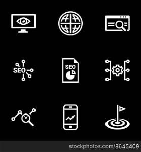Icons for theme SEO optimization and promotion, vector, icon, set. Black background