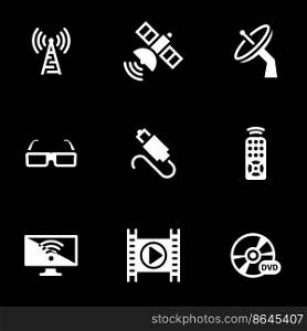 Icons for theme Tv, satellite, broadcasting, vector, icon, set. Black background