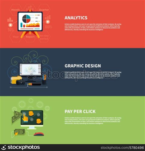 Icons for web design analytics graphic design and pay per click internet advertising in flat design. Raster version
