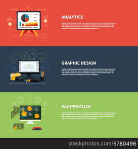 Icons for web design analytics graphic design and pay per click internet advertising in flat design. Raster version