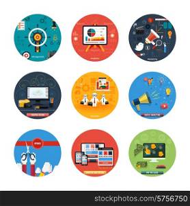 Icons for web design, seo, social media and pay per click internet advertising, analytics, business, management, marketing, adaptive design, digital marketing in flat design