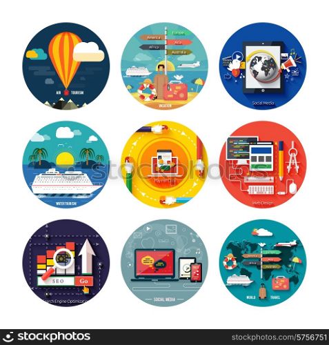 Icons for web design, seo, social media and pay per click internet advertising and icons set of traveling, planning a summer vacation in flat design