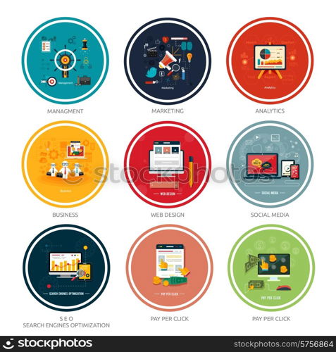 Icons for web design, seo, social media and pay per click internet advertising in flat design