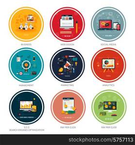 Icons for web design, seo, social media and pay per click internet advertising in flat design