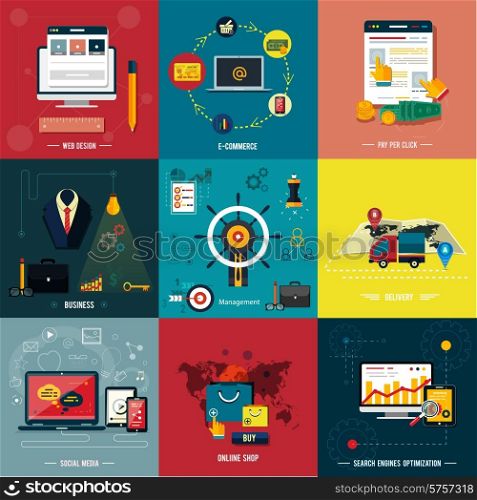 Icons for web design, seo, social media and pay per click internet advertising, e-commerce, business, management, delivery, online shop in flat design