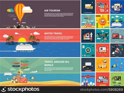Icons for web design, seo, social media and pay per click internet advertising and icons set of traveling, planning a summer vacation in flat design