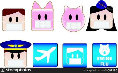 Icons illustrating swine flu patients and animals in airports