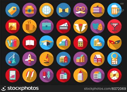 Icons in a flat style on the theme of education, youth, schools, parties and celebrations.