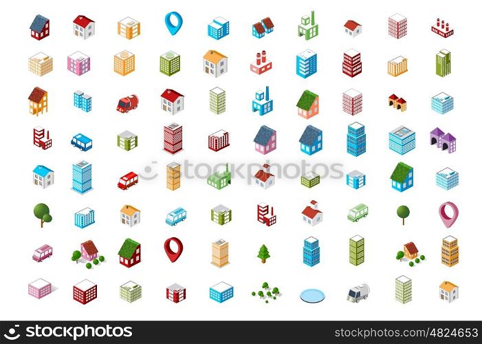 icons Isometric city. A set of colored icons Isometric city.