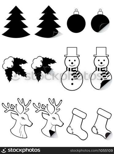 icons labels for christmas and new year black silhouette vector illustration isolated on white background