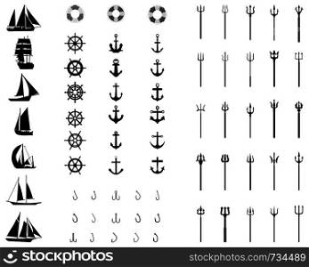 Icons of anchores, rudders, lifebelt, sailboats on a white background