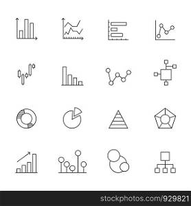 Icons of charts and diagrams. Mono line pictures of various business diagrams. Business chart and diagram, information data presentation. Vector illustration. Icons of charts and diagrams. Mono line pictures of various business diagrams