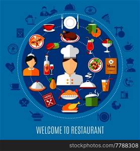 Icons of chef waiter and various restaurant menu dishes on blue background flat vector illustration. Restaurant Menu Illustration