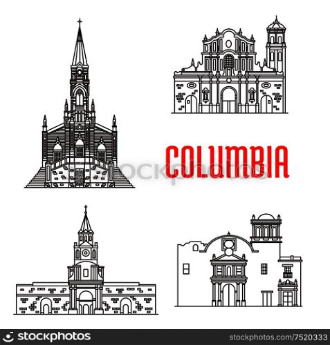 Icons of Columbian famous buildings. Cathedral of Our Lady Carmen, Popayan Santo Domingo Cathedral, Cartagena Town Hall, Ermita Church. Historic architecture vector elements for souvenirs, postcard. Icons of Columbian famous buildings