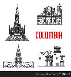 Icons of Columbian famous buildings. Cathedral of Our Lady Carmen, Popayan Santo Domingo Cathedral, Cartagena Town Hall, Ermita Church. Historic architecture vector elements for souvenirs, postcard. Icons of Columbian famous buildings