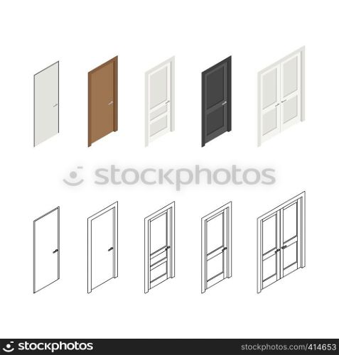 Icons of doors, isometric views of color or lines drawings. Illustration of set with different doors.. Icons of doors