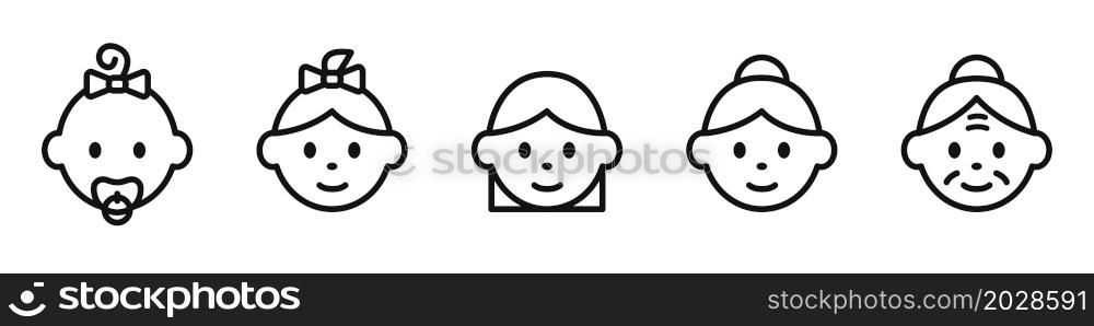 Icons of female people from infant to elderly. Life cycle from birth to old age. Infant, child, young girl, adult and old woman. Vector.