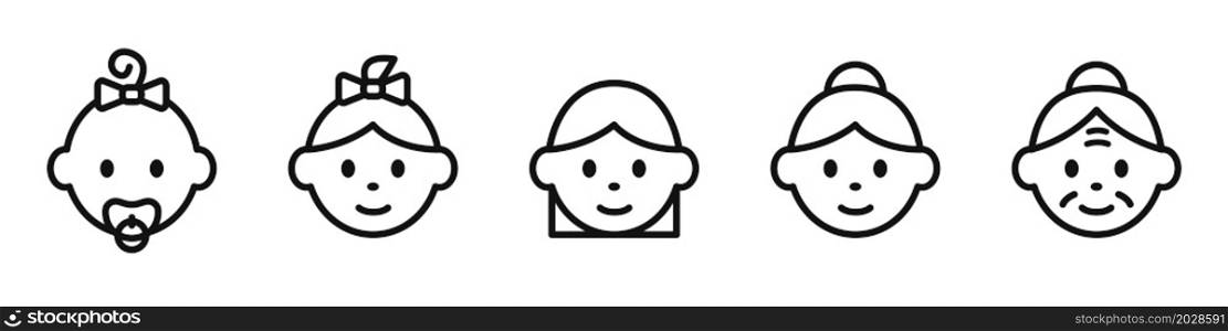 Icons of female people from infant to elderly. Life cycle from birth to old age. Infant, child, young girl, adult and old woman. Vector.