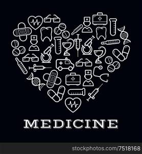Icons of healthcare or medicine equipment in shape of heart. Stethoscope or DNA, doctor or medic, pipette or dropper, tablet or pill, first aid kit and ambulance, adhesive bandage or plaster and syringe, glasses and tooth. Icons of healthcare or medicine equipment as heart
