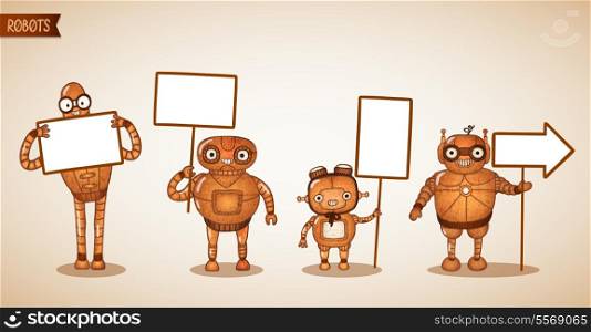 Icons of intelligent machines holding blank sign arrow or banner with place for your text vector illustration