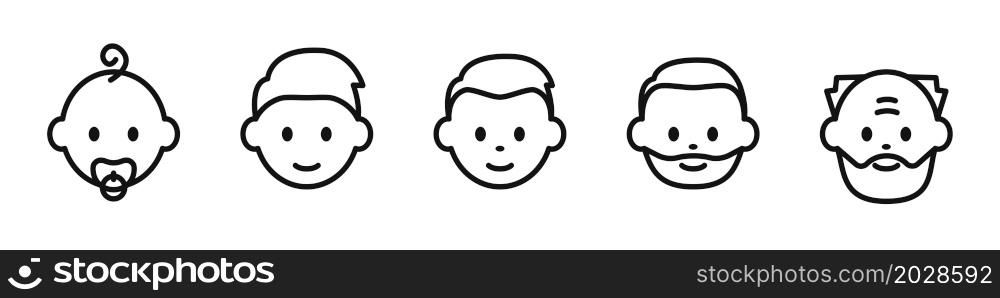 Icons of male people from infant to elderly. Life cycle from birth to old age. Infant, child, young boy, adult and old man. Vector.