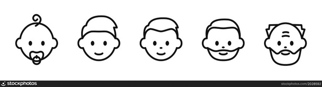 Icons of male people from infant to elderly. Life cycle from birth to old age. Infant, child, young boy, adult and old man. Vector.