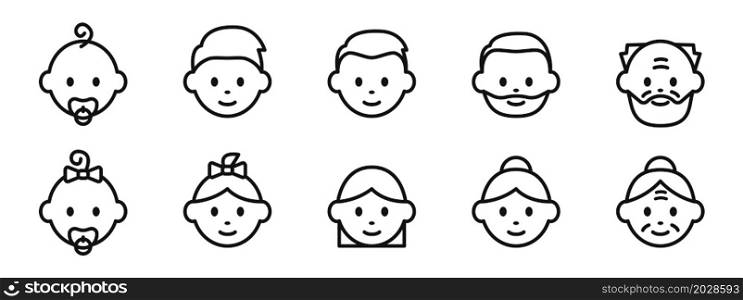 Icons of people of different ages, from infant to elderly, male and female. Life cycle from birth to old age. Baby, child, teenager, adult and old. Vector.. Icons of people of different ages, from infant to elderly, male and female. Life cycle from birth to old age. Baby, child, young, adult and old. Vector.