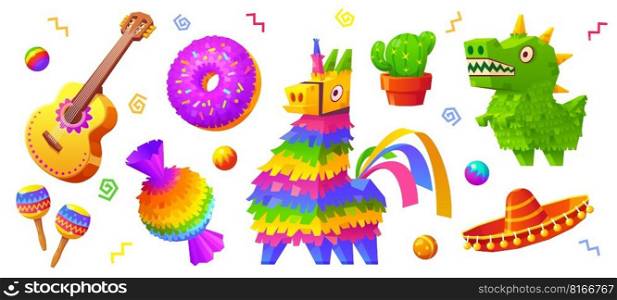 Icons of pinata, Mexican hat, cactus, guitar and maraca. Spanish birthday party or Cinco de Mayo with pinata in shape of donkey, donut, candy and dinosaur, vector cartoon illustration. Pinata, Mexican hat, cactus, guitar and maraca