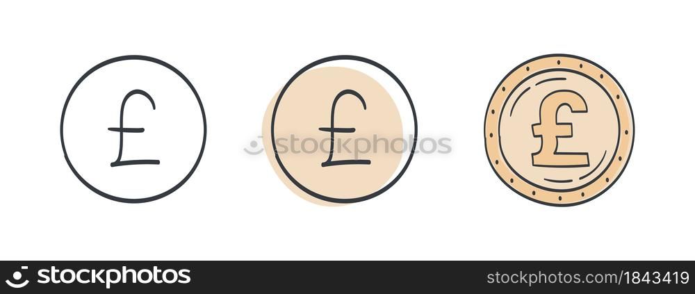 Icons of pounds sterling. The drawn symbol of the Pounds. Signs of the currencies of the world. Vector illustration