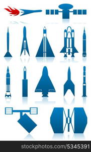 Icons of rockets. Set of icons on a theme space of dark blue colour. A vector illustration